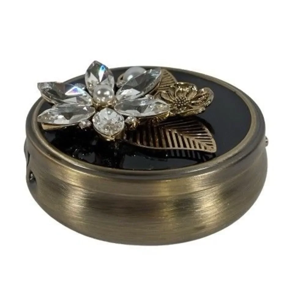 Pill Box Trinket Floral Design Blk Brass w/Crystal Embellishments 3 Compartments